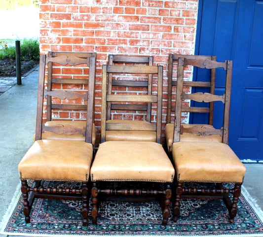 Set of 6 French Antique Louis XIV Walnut Leather Seat Dining Chairs