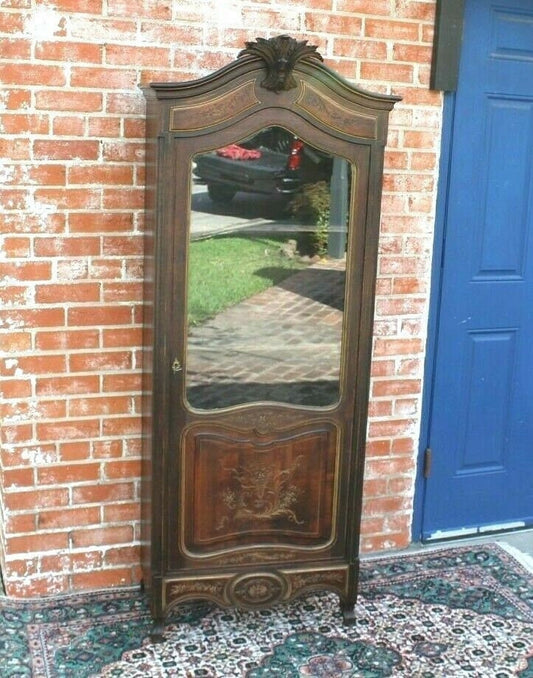 French Antique Louis XV Cabinet 1 Door 3 Shelves Inlaid Glass Display Case