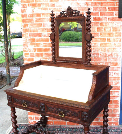 French Antique Louis XIII Oak Washstand | Marble Top Vanity Dresser w/ Mirror