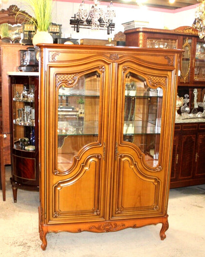 French Louis XV Cherry Display Cabinet | Antique Glass Shelves & Carving