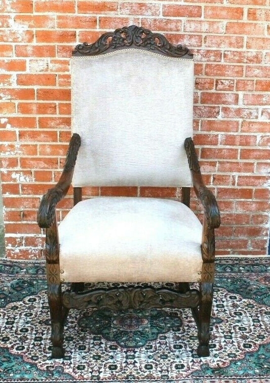 French Antique Carved Oak Armchair Renaissance Style White Gray Upholstery