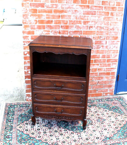 French Antique Louis XV Oak Chest Cabinet w/ 3 Drawers & Open Storage Shelf