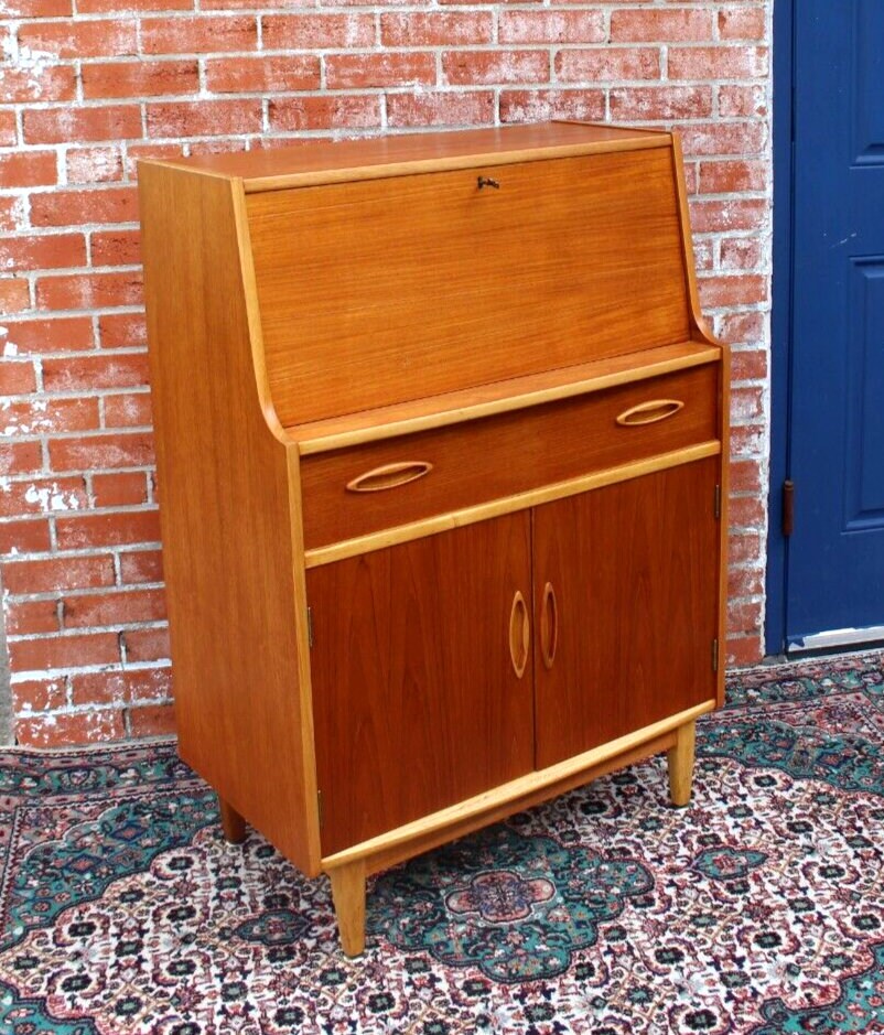 Mid Century Modern Teak Drop Front Desk | Vintage Home Office Cabinet Storage