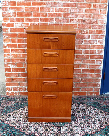 Mid Century Modern Teak Chest | 5 Drawer Vertical Dresser or Nightstand