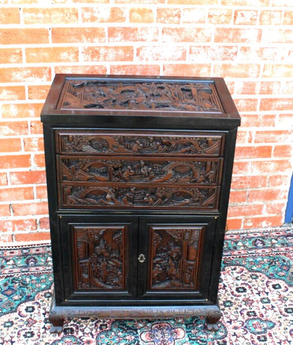 Heavily Carved Chinese Silverware Cabinet | Antique Storage Chest w/ Drawers