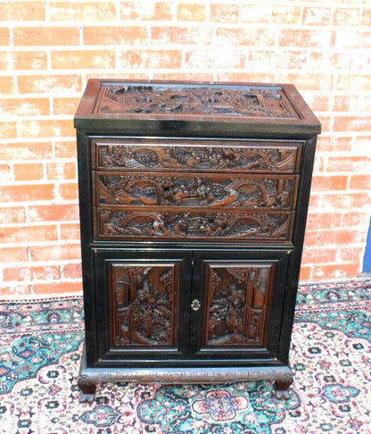 Heavily Carved Chinese Silverware Cabinet | Antique Storage Chest w/ Drawers