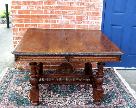 French Antique Brittany Chestnut Kitchen Table c.1880 | Carved Square Top