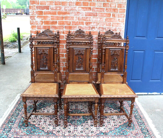 Set of 6 French Antique Brittany Oak Dining Chairs w/ Carved Backs & Caning
