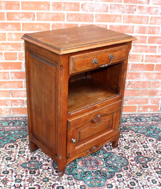 French Louis XV Antique Oak Nightstand Small Bedside Cabinet w/ Drawer