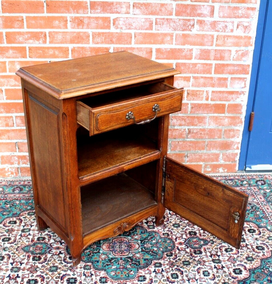 French Louis XV Antique Oak Nightstand Small Bedside Cabinet w/ Drawer
