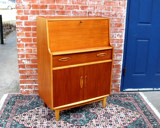 Mid Century Modern Teak Drop Front Desk | Vintage Home Office Cabinet Storage