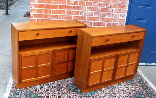 Pair Mid Century Modern Teak Cabinets | 2 Door 1 Drawer Storage Units