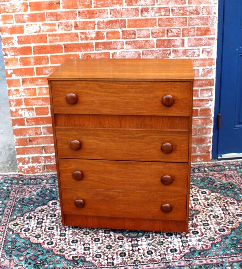 Mid Century Modern Teak Chest | 4 Drawer Dresser Vintage Storage Cabinet