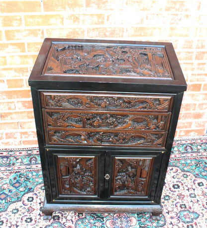 Heavily Carved Chinese Silverware Cabinet | Antique Storage Chest w/ Drawers