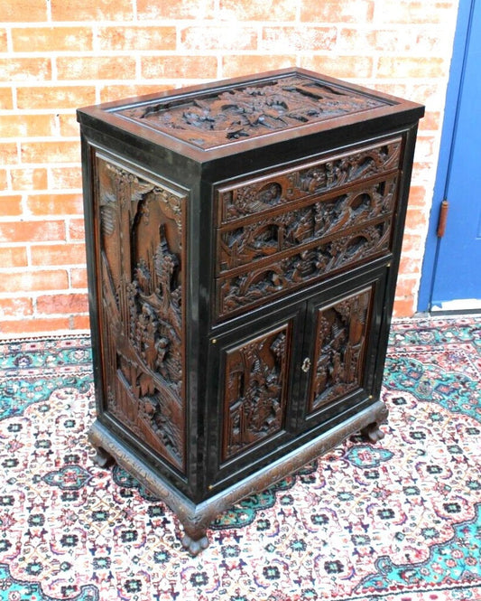 Heavily Carved Chinese Silverware Cabinet | Antique Storage Chest w/ Drawers