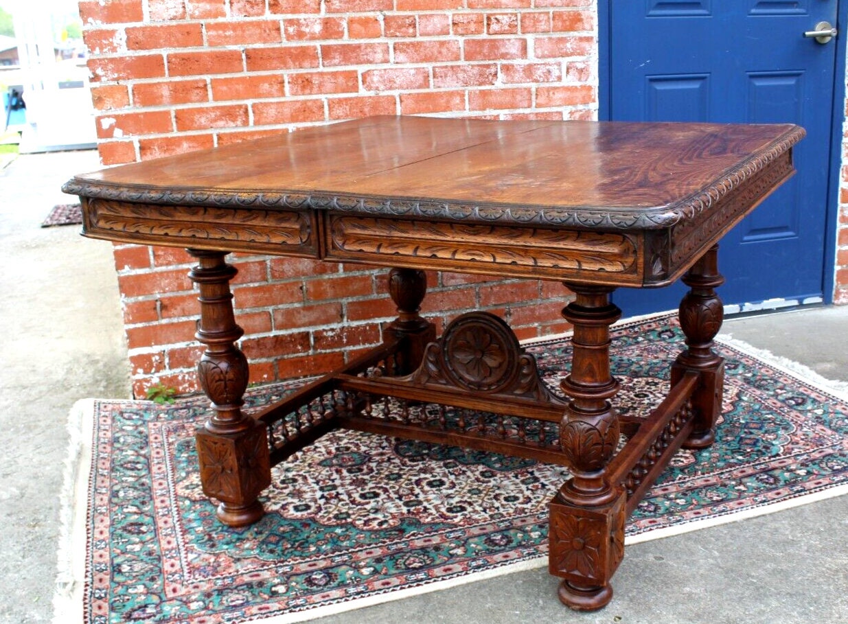 French Antique Brittany Chestnut Kitchen Table c.1880 | Carved Square Top
