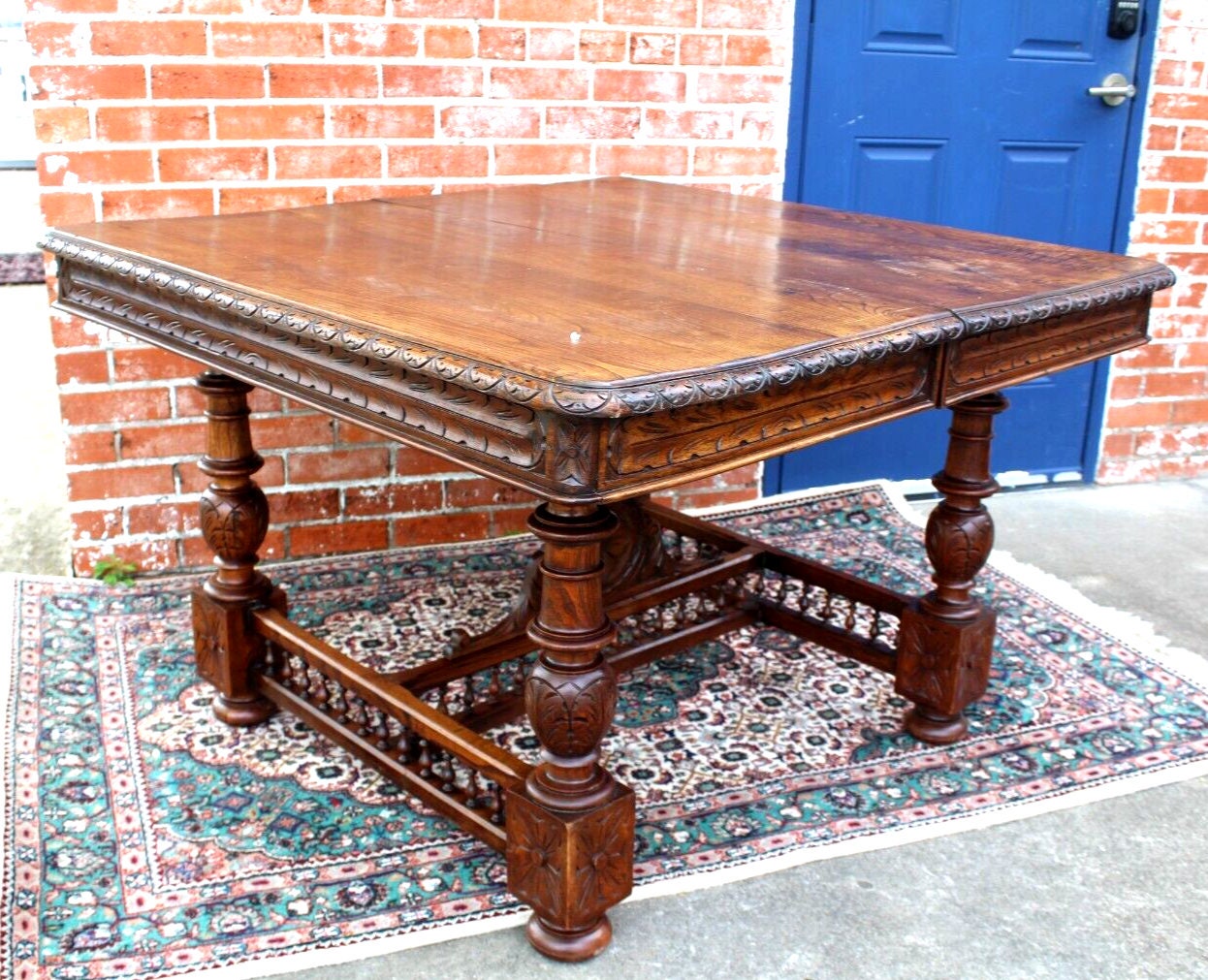 French Antique Brittany Chestnut Kitchen Table c.1880 | Carved Square Top