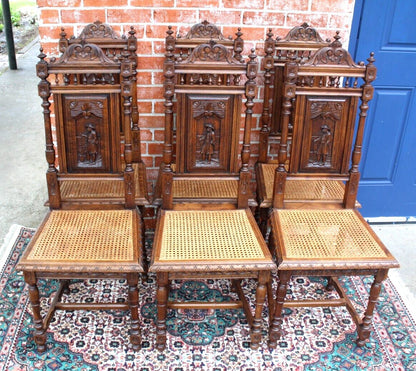 Set of 6 French Antique Brittany Oak Dining Chairs w/ Carved Backs & Caning