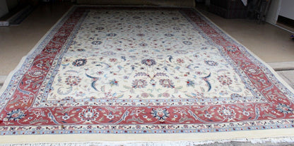 Hand Woven Wool Rug 12x18 | Large Romanian Area Carpet | Red & Ivory Floral
