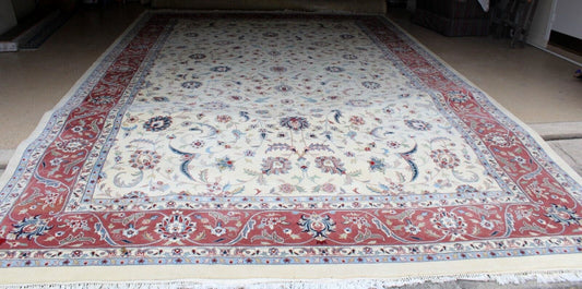 Hand Woven Wool Rug 12x18 | Large Romanian Area Carpet | Red & Ivory Floral