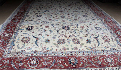 Hand Woven Wool Rug 12x18 | Large Romanian Area Carpet | Red & Ivory Floral