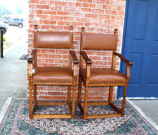 Pair of French Antique Oak Henry II Chairs w/ Leather Upholstery & Arms