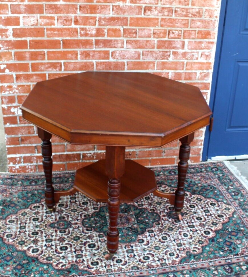 English Antique Mahogany William & Mary Octagon Side Table w/ Shelf