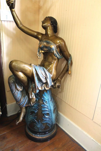 Pair Large French Bronze Patinated Sculpture Lamps with Candelabra Lights