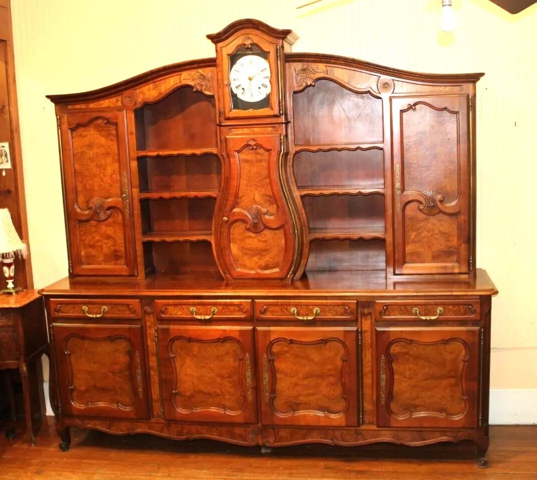 French Antique Burled Walnut Louis XV Buffet Cabinet with Grand Father Clock | Dining Room Furniture
