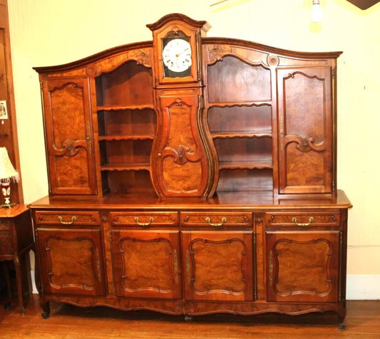 French Antique Burled Walnut Louis XV Buffet Cabinet with Grand Father Clock | Dining Room Furniture