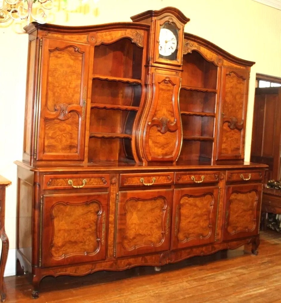 French Antique Burled Walnut Louis XV Buffet Cabinet with Grand Father Clock | Dining Room Furniture