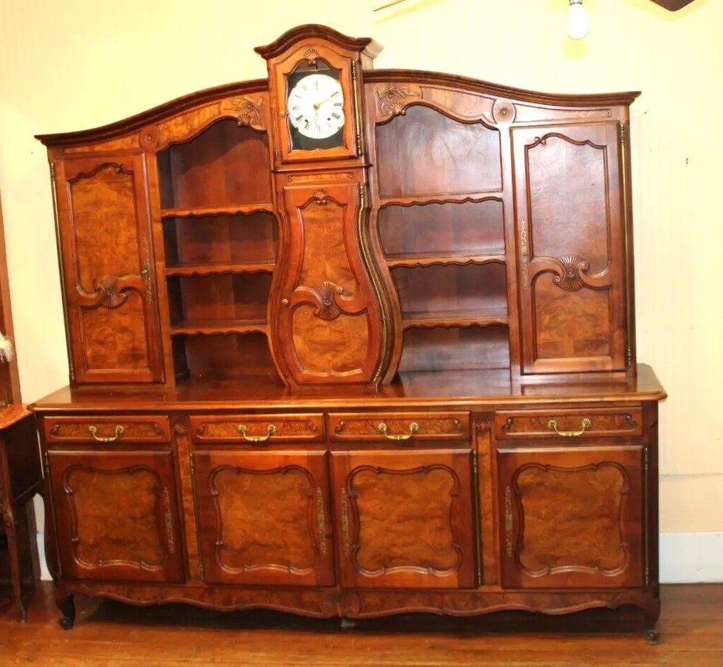 French Antique Burled Walnut Louis XV Buffet Cabinet with Grand Father Clock | Dining Room Furniture