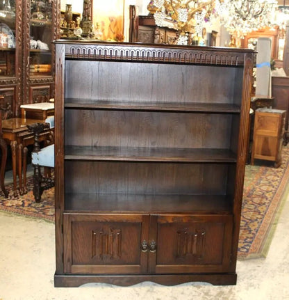 English Antique Oak Bookcase Cabinet | Open Display Shelves w/ Storage Doors
