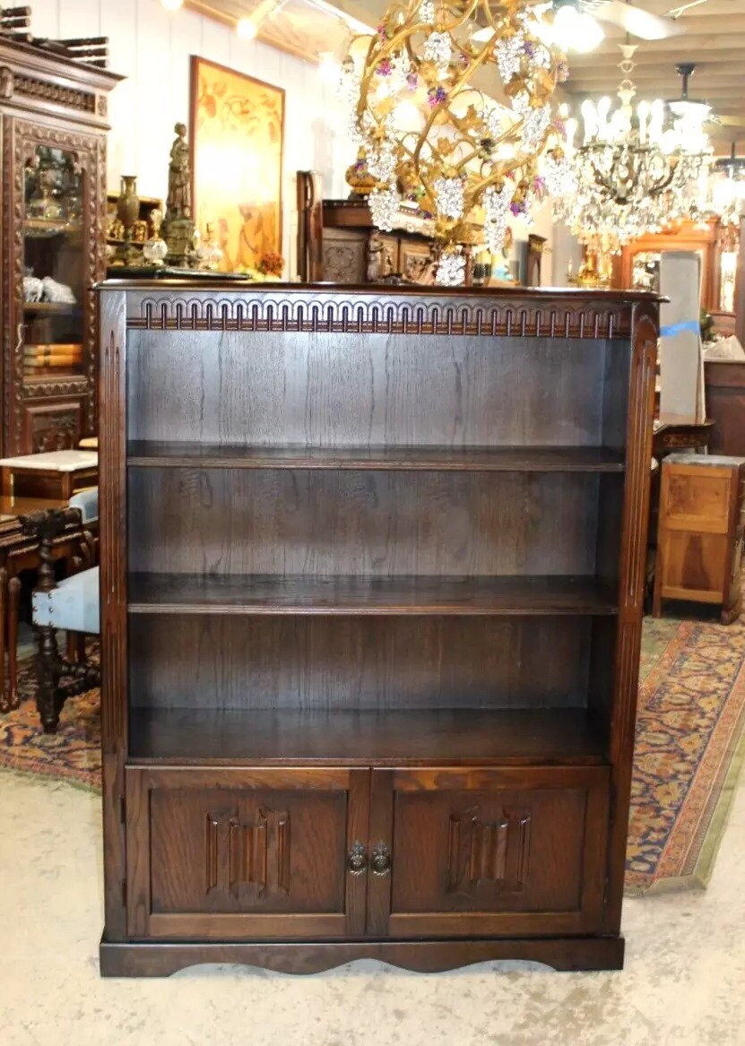 English Antique Oak Bookcase Cabinet | Open Display Shelves w/ Storage Doors