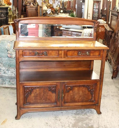 French Antique Burled Walnut Art Nouveau Marble Top Server Cabinet Sideboard