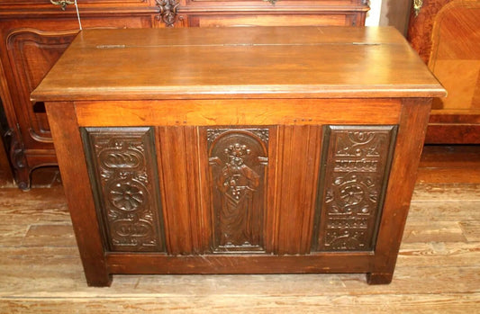 French Antique Renaissance Trunk | Dark Oak Chest with Carved Storage