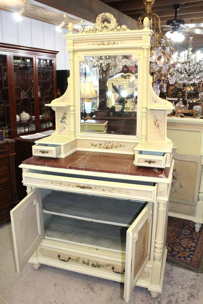 French Louis XVI Painted Dresser | Marble Top Vanity with Mirror & Floral Art