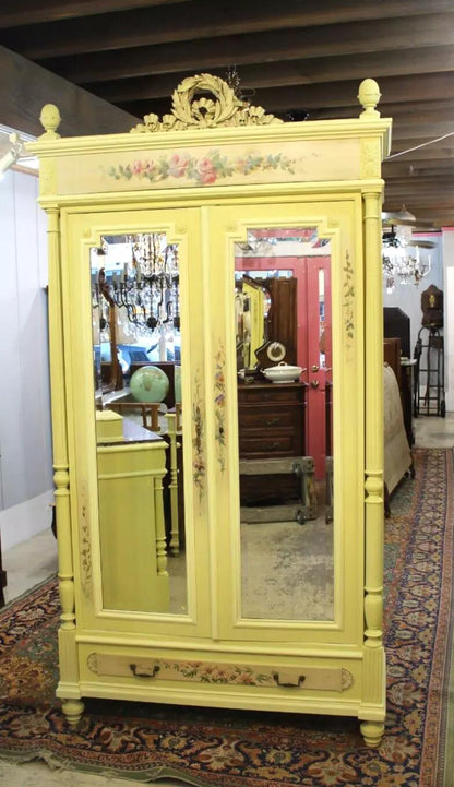 French Louis XVI Painted Armoire | Antique Mirrored Wardrobe Floral Motif
