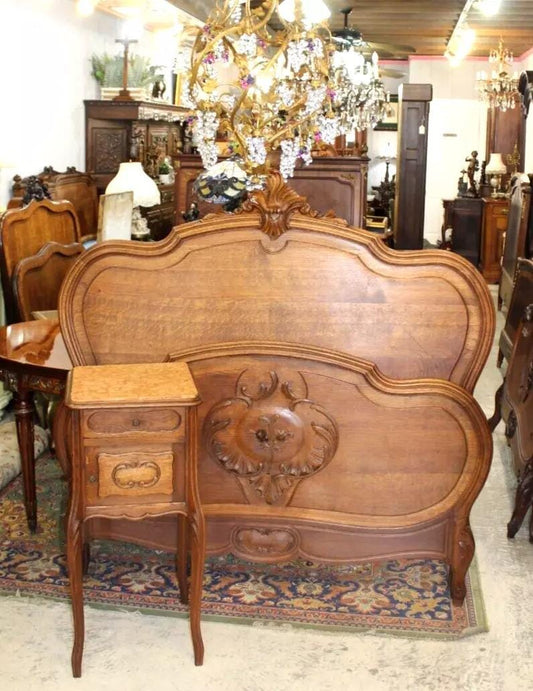 French Antique Carved Oak Louis XV Full Size Bed & Nightstand | Bedroom Furniture Set