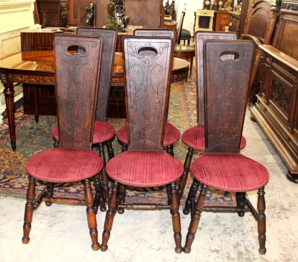 Set of 6 French Antique Walnut Dining Chairs | Carved Backs & Red Seats