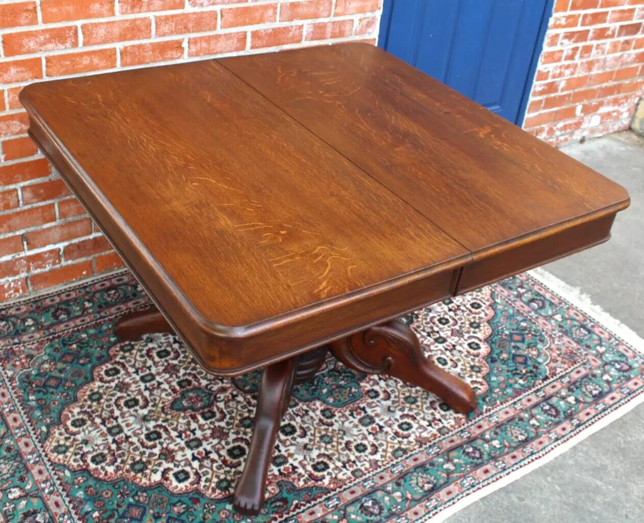French Antique Tiger Oak Square Kitchen Table | Carved Base Dining Table c.1880