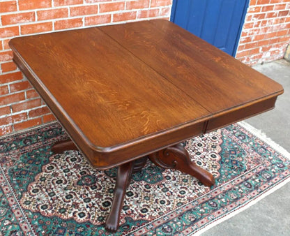 French Antique Tiger Oak Square Kitchen Table | Carved Base Dining Table c.1880