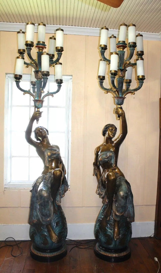 Pair Large French Bronze Patinated Sculpture Lamps with Candelabra Lights