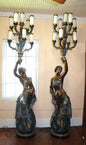 Pair Large French Bronze Patinated Sculpture Lamps with Candelabra Lights