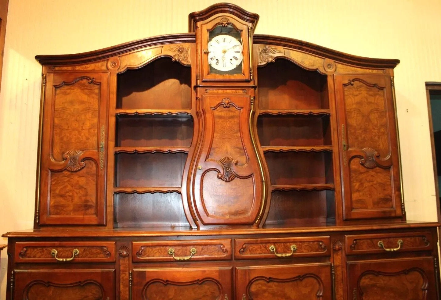 French Antique Burled Walnut Louis XV Buffet Cabinet with Grand Father Clock | Dining Room Furniture
