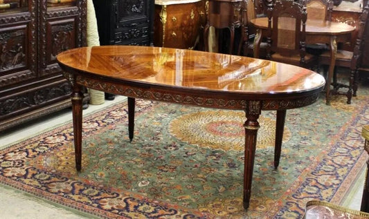 French Antique Louis XV Inlaid Kingwood Draw Leaf Dining Table Oval Shape