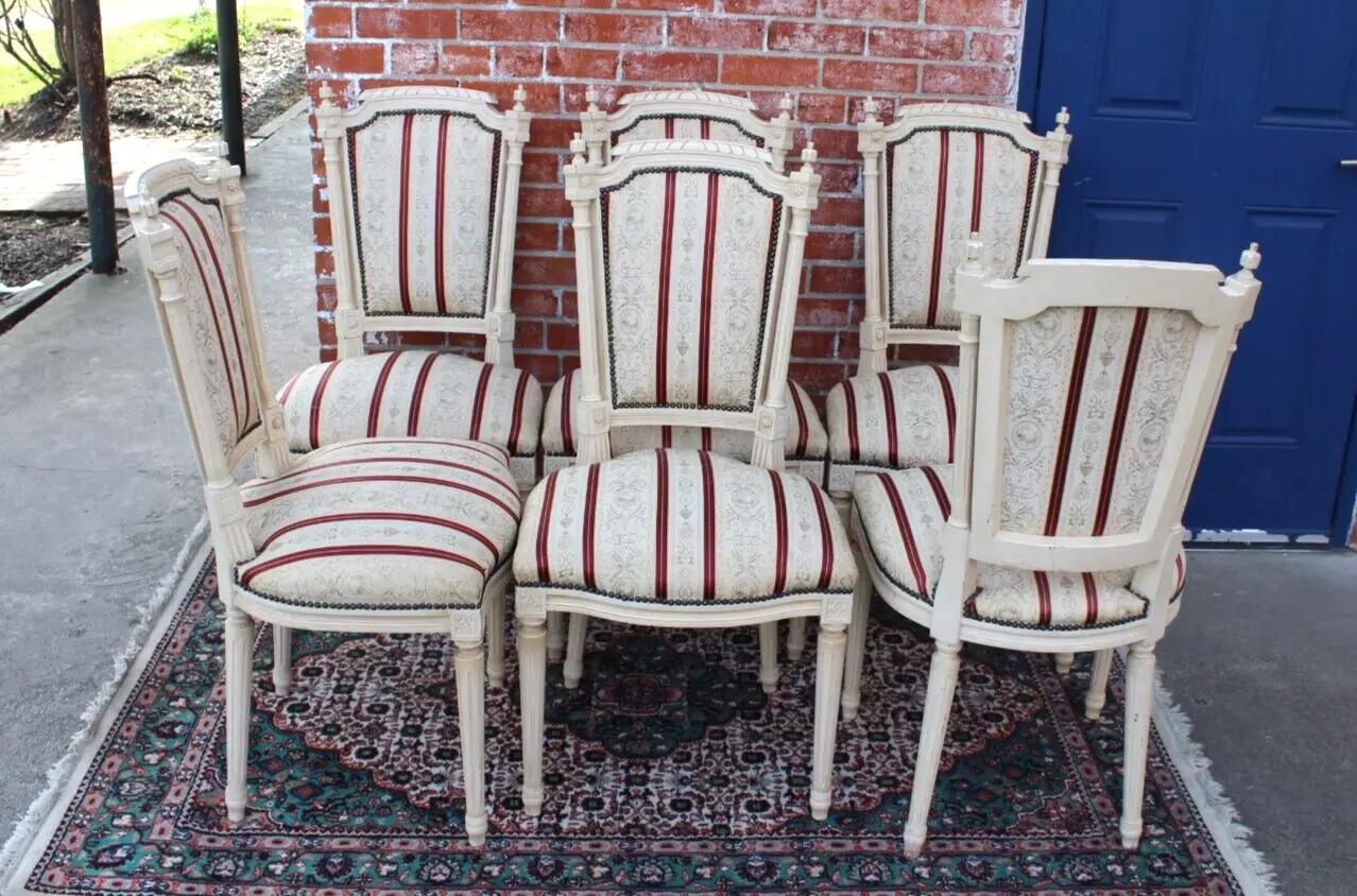 Set of 6 French Louis XVI Dining Chairs | White Painted Upholstered Seats