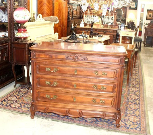 French Louis XV Walnut Chest | Antique Marble Top Dresser with 4 Drawers