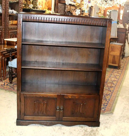 English Antique Oak Bookcase Cabinet | Open Display Shelves w/ Storage Doors