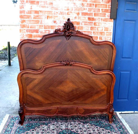 French Antique Louis XV Rosewood Full Size Bed | Carved Frame with Rails